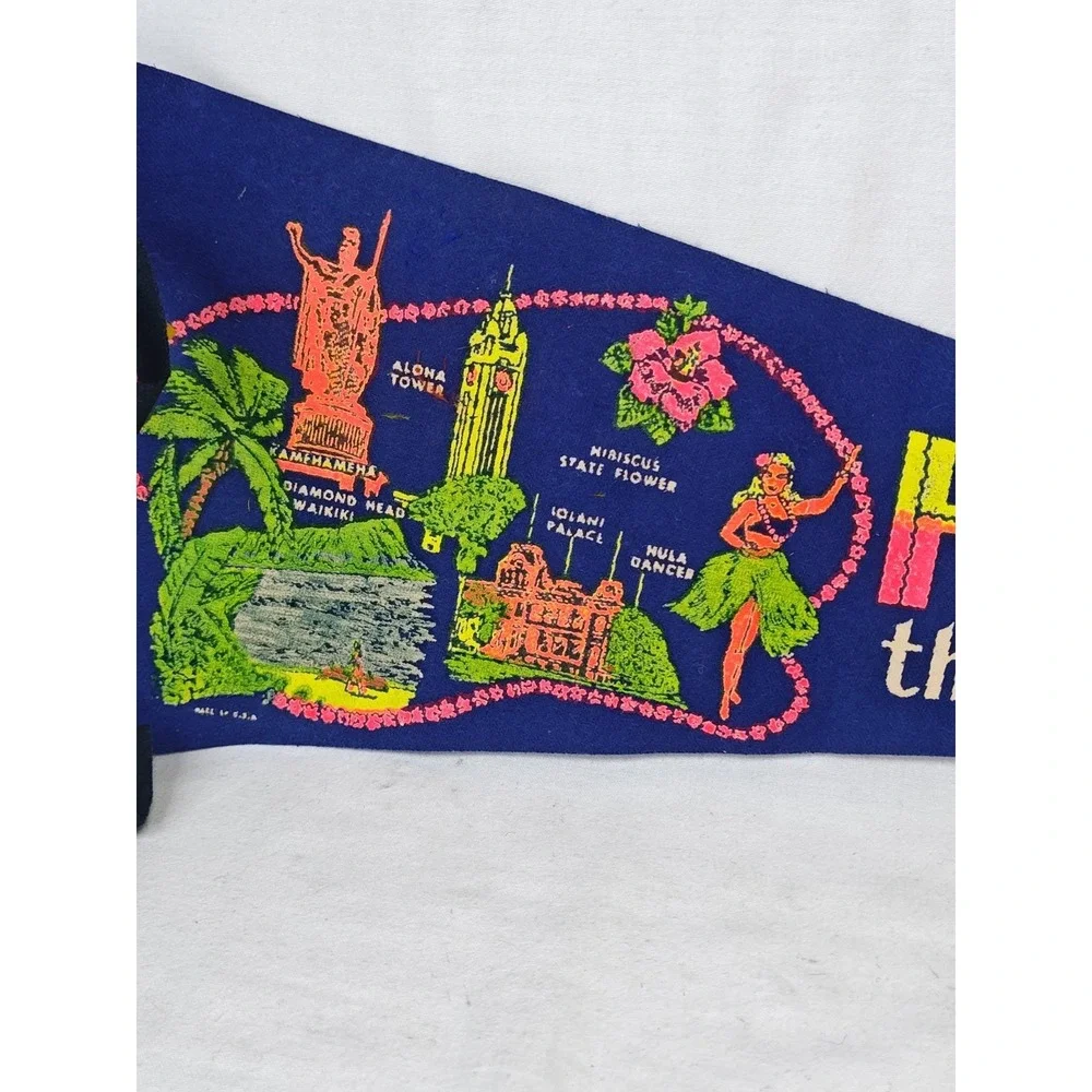 Vintage 60s Hawaii The Aloha State Pennant Blue Tourist Souvenir Hula Dancer